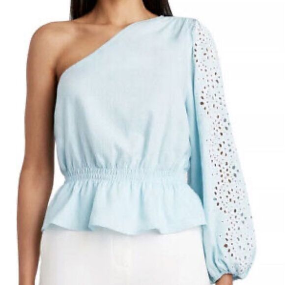 BCBGMAXAZRIA Light Blue Crochet One Shoulder Long Sleeve Blouse Size Large - Picture 1 of 9